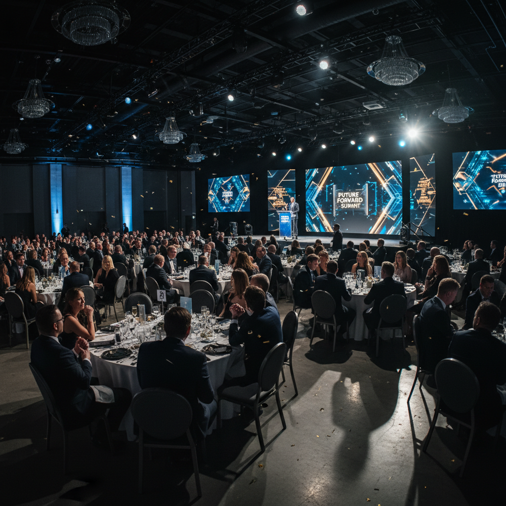 Corporate event stage setup with large LED screens and audience seating
