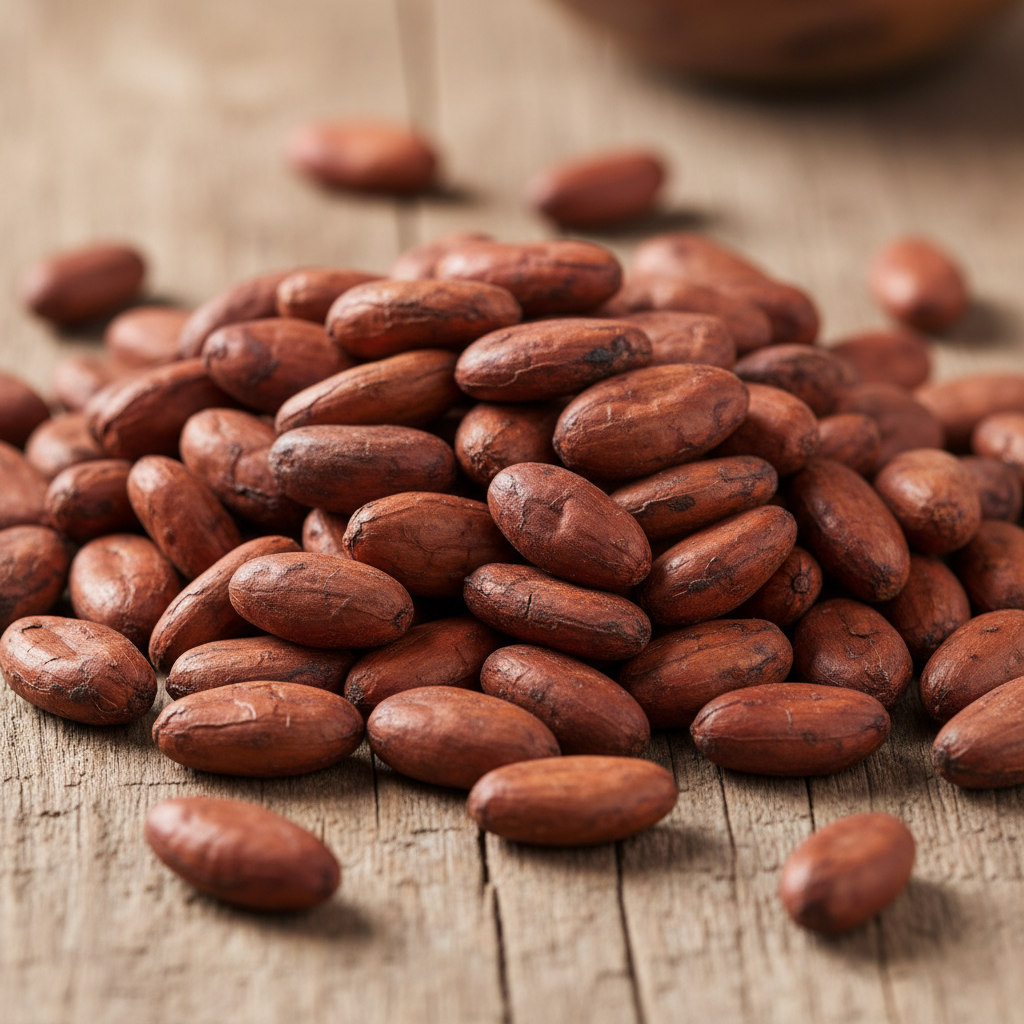 Raw cocoa beans in wooden bowl, dark brown, close-up texture shot