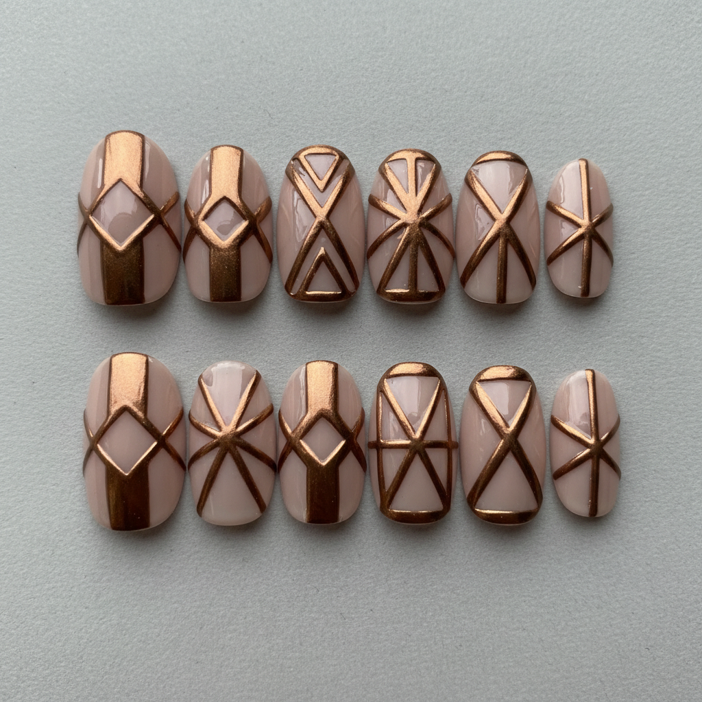 Elegant acrylic nail extensions with nude and gold ombre design