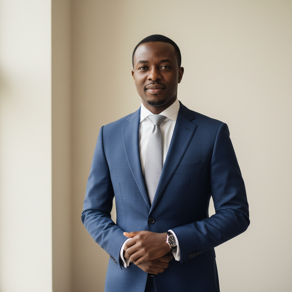 David Osei-Bonsu, a composed man in his 30s in a well-fitted navy suit, photographed against a soft cream background in natural window light