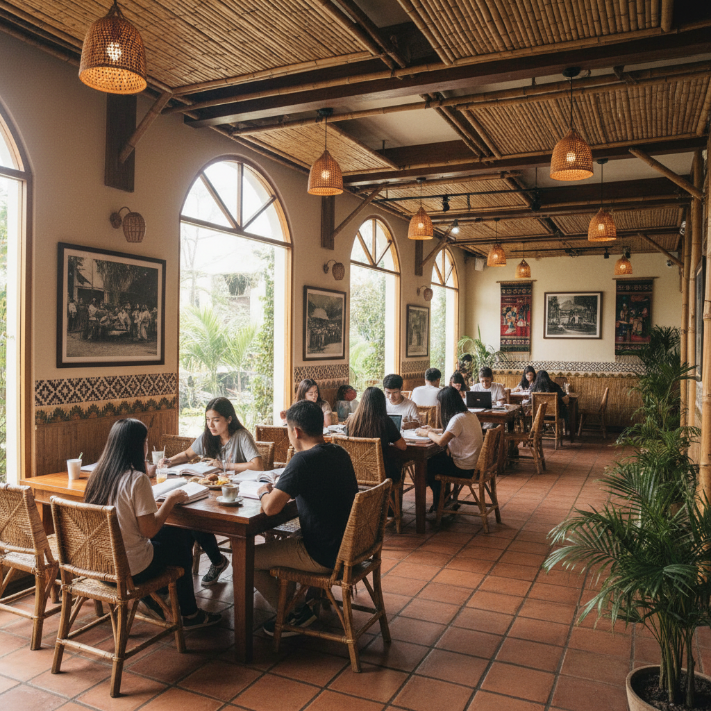 Cozy boba tea café interior with warm lighting, comfortable seating, and neatly arranged tables for studying and socializing
