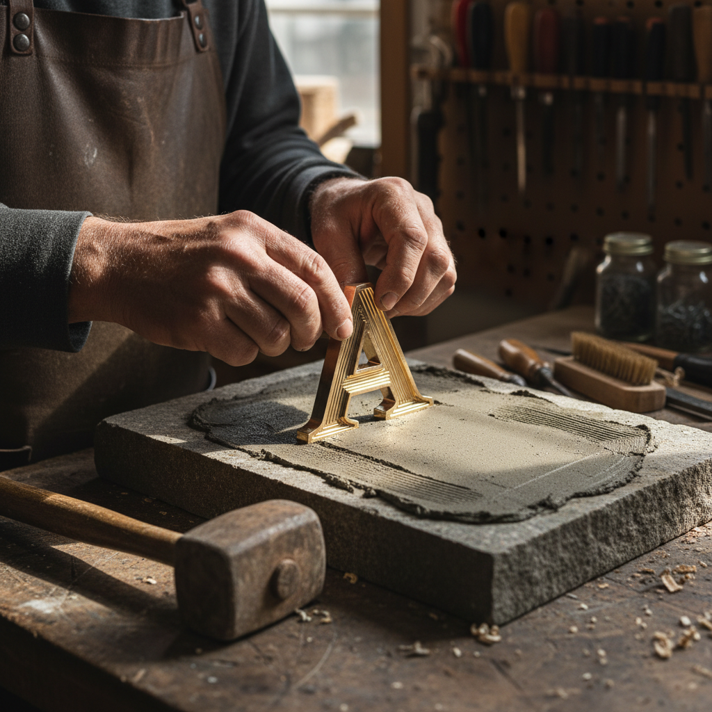 Artisan craftsman sculpting a custom stone fountain in a workshop with natural light, warm tones