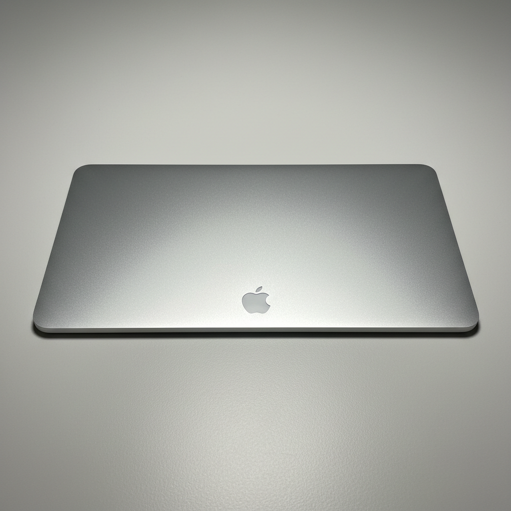 Silver Apple MacBook laptop open on white desk