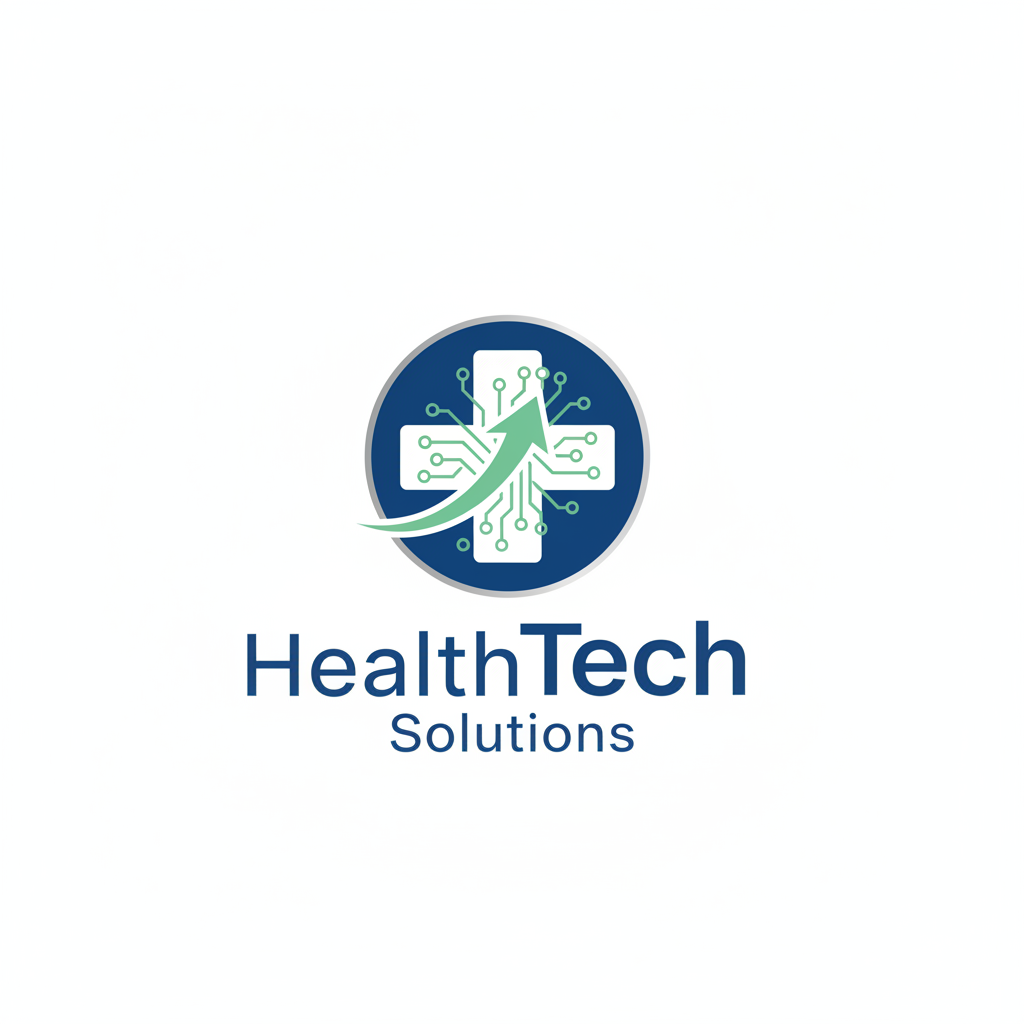 HealthTech Solutions company logo with medical cross symbol in blue and white