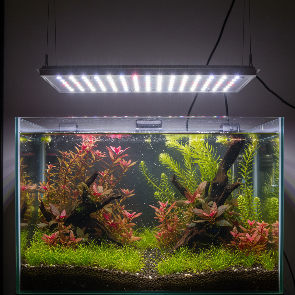 Compact freshwater LED light over planted aquarium