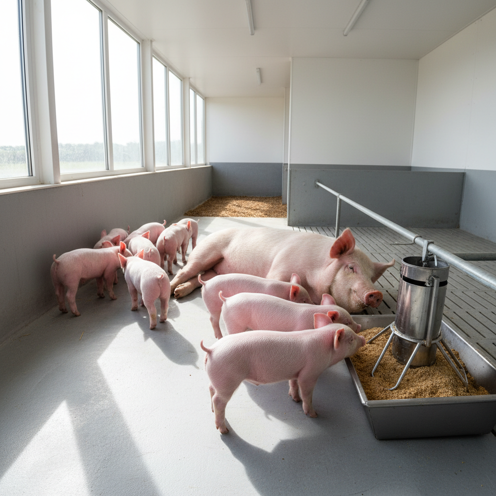 Pink and brown pigs in clean outdoor farm enclosure, well-fed, warm afternoon light