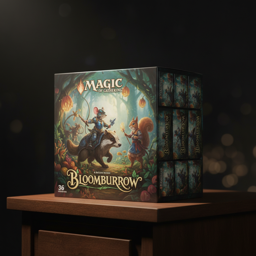 MTG Bloomburrow booster display box on dark shelf