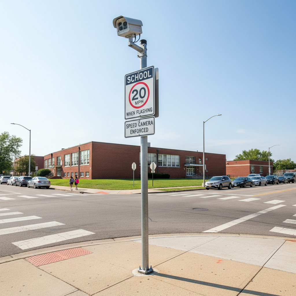 Columbus Ohio school zone with speed enforcement camera mounted on pole displaying speed limit sign