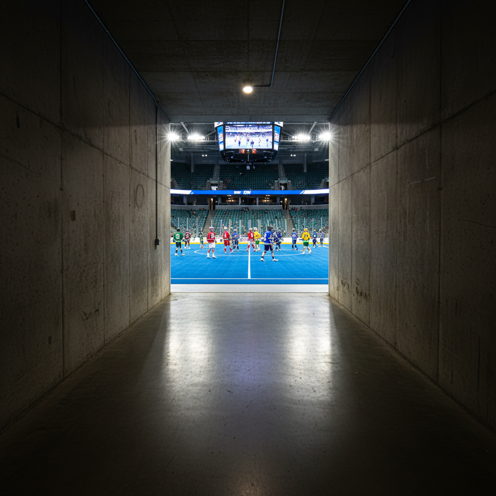 Dark sports arena corridor opening into a brightly lit indoor lacrosse arena