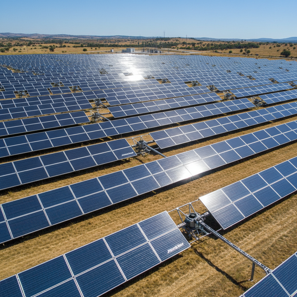 Large solar farm with photovoltaic panels in open landscape, bright blue sky, technical infrastructure visible, industrial scale renewable energy installation