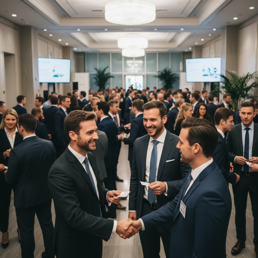 Professionals networking at a career event, shaking hands and exchanging business cards