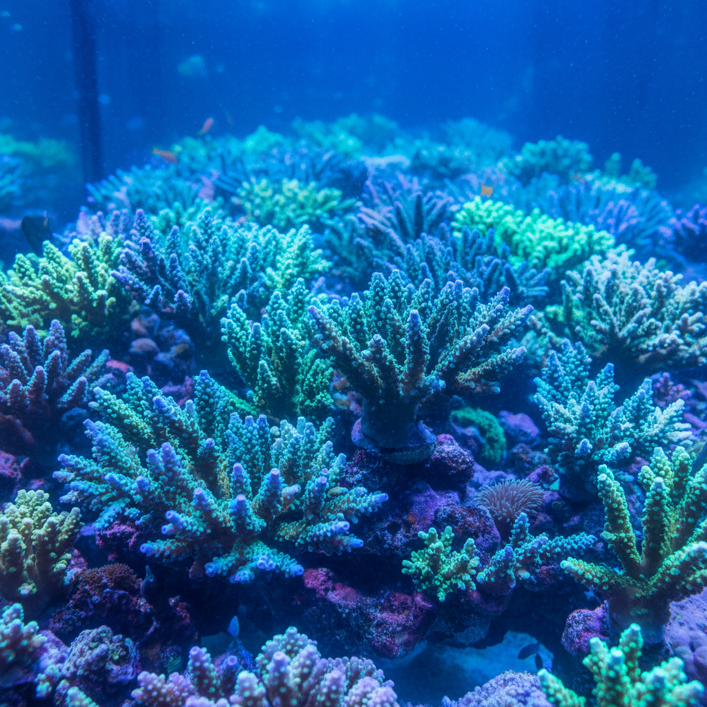 Large mixed reef tank with branching Acropora corals under blue LED lighting