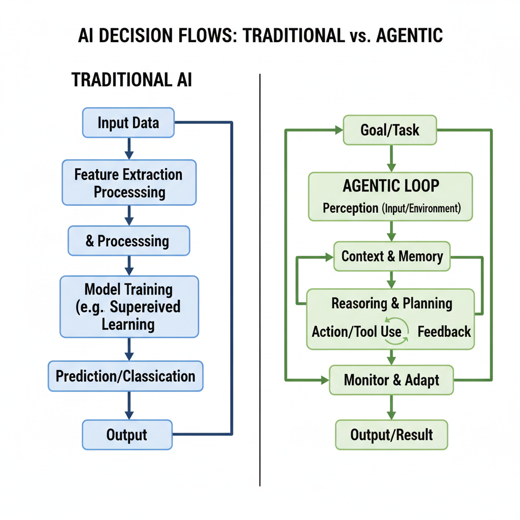 Comparison diagram showing traditional AI versus agentic AI decision flows