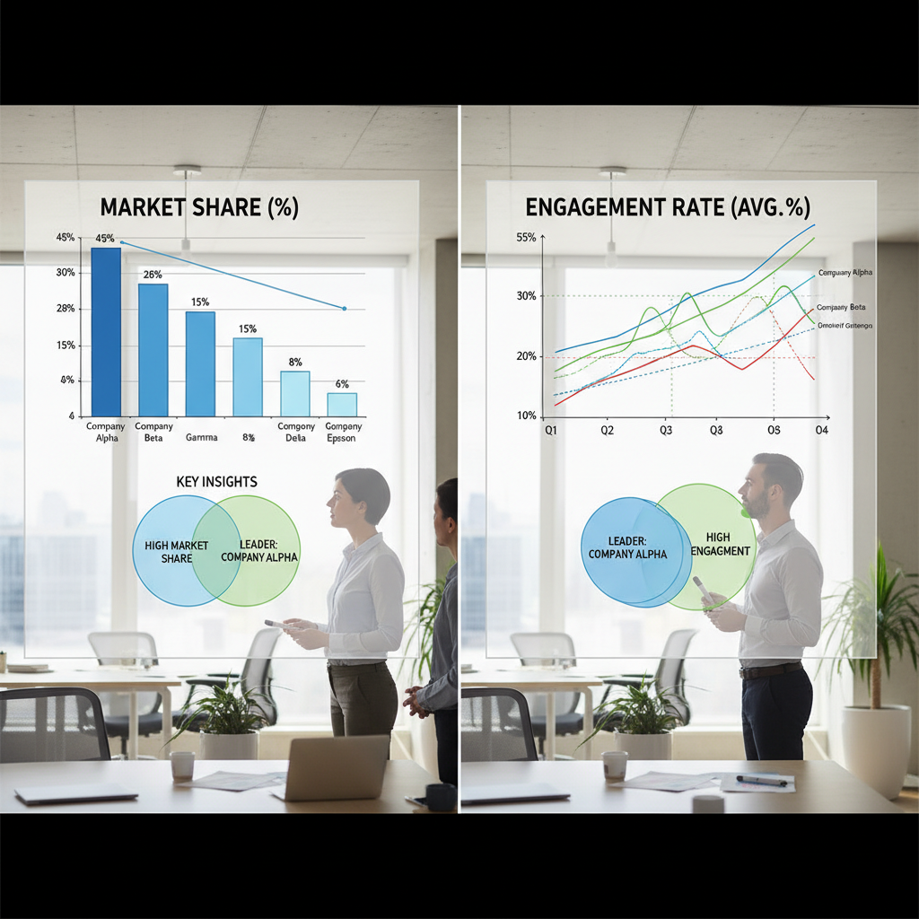 Small business marketing strategy session with charts and digital presence metrics on screen