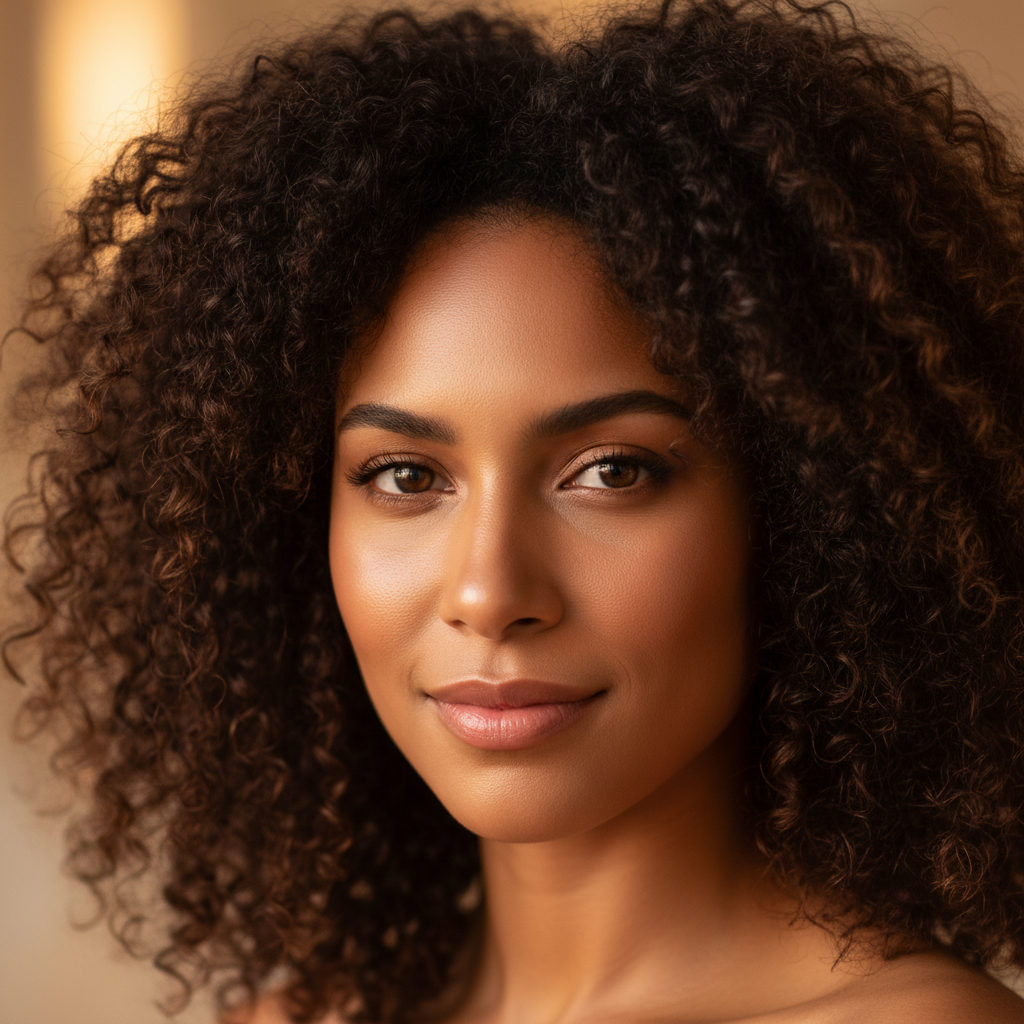 Woman with voluminous Indian hair in warm bright natural studio lighting
