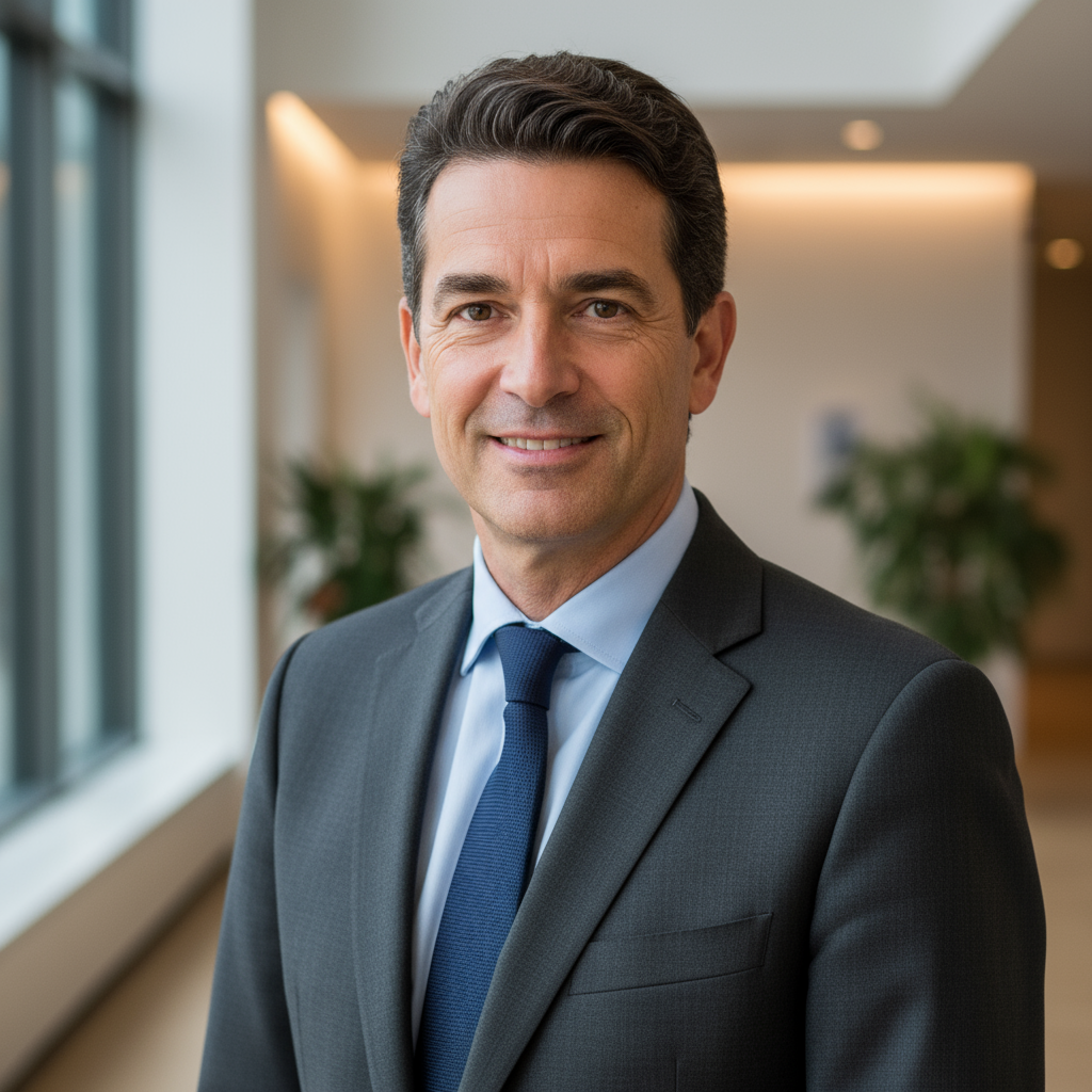 Professional portrait of French real estate consultant with brown hair in business attire