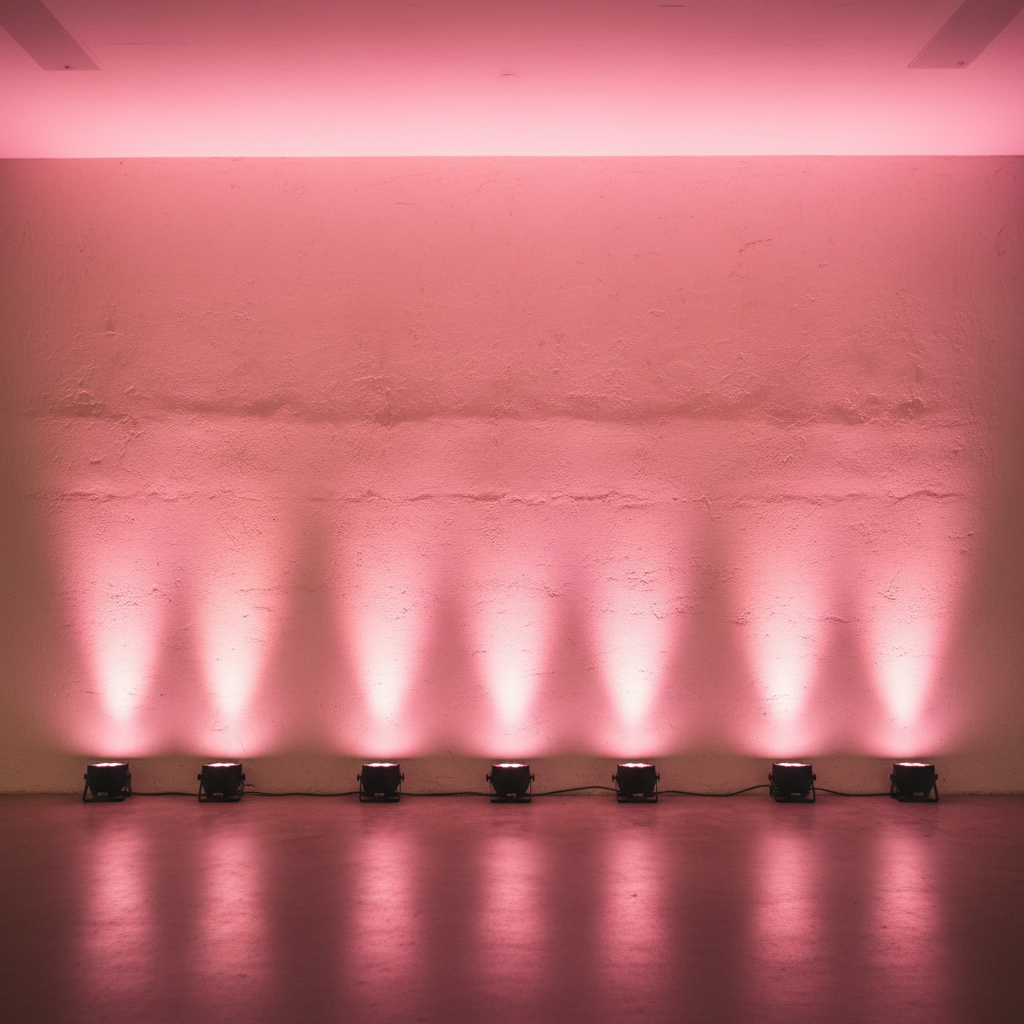 Eight LED uplights in pink and rose casting glow on venue walls