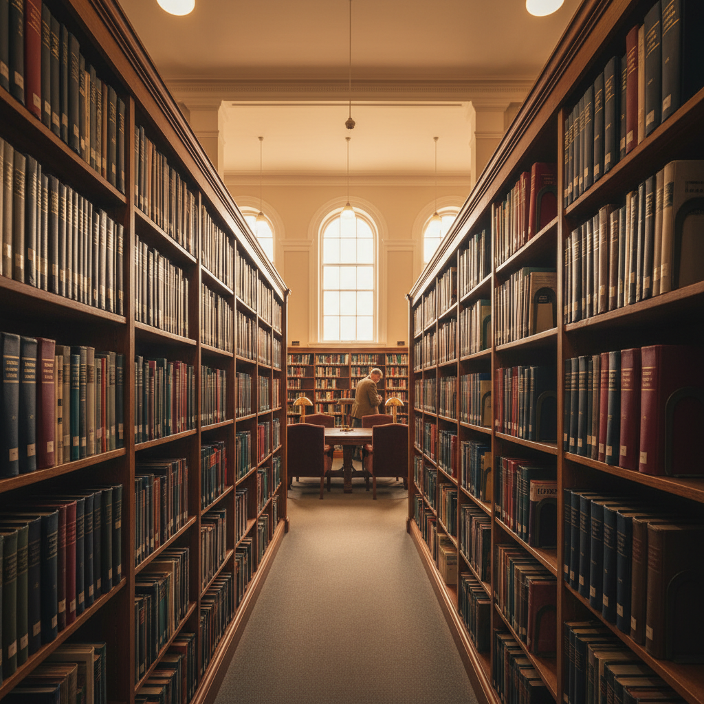 Stacks of academic journals and books in a research library with warm ambient light