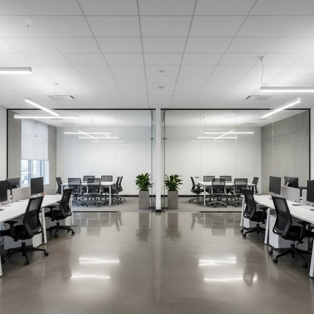 Commercial office space undergoing tenant improvement buildout with new partitions and updated finishes