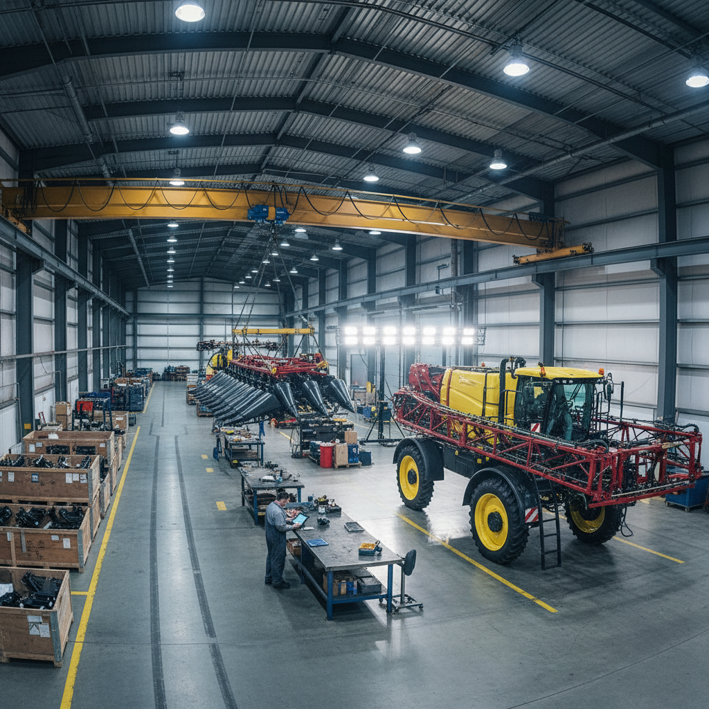 Wide-angle mezzanine view of a 40,000 sq ft agricultural equipment assembly floor showing crated implements on receiving dock, overhead crane suspending a row-crop header with two technicians consulting a tablet, and a finished sprayer under inspection lights