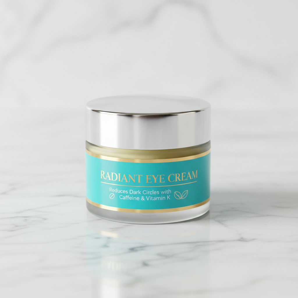 Luxury eye cream jar with gold lid on marble surface, clean beauty aesthetic