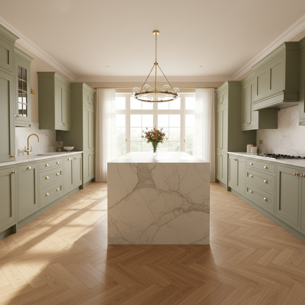 Wide view of completed kitchen with sage shaker cabinetry, marble island, and herringbone floors bathed in afternoon light