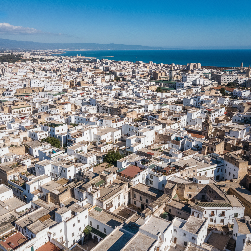 Beoglobe guide with travelers on Tangier rooftop terrace — panoramic view of medina and Strait of Gibraltar, warm afternoon light, casual and genuine moment