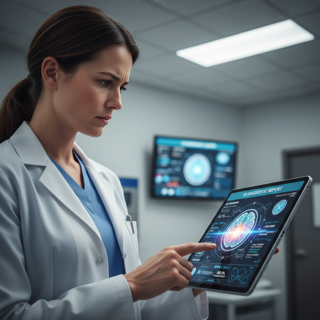 Doctor using digital tablet to review patient data, healthcare technology and AI-driven medical records in a modern clinic