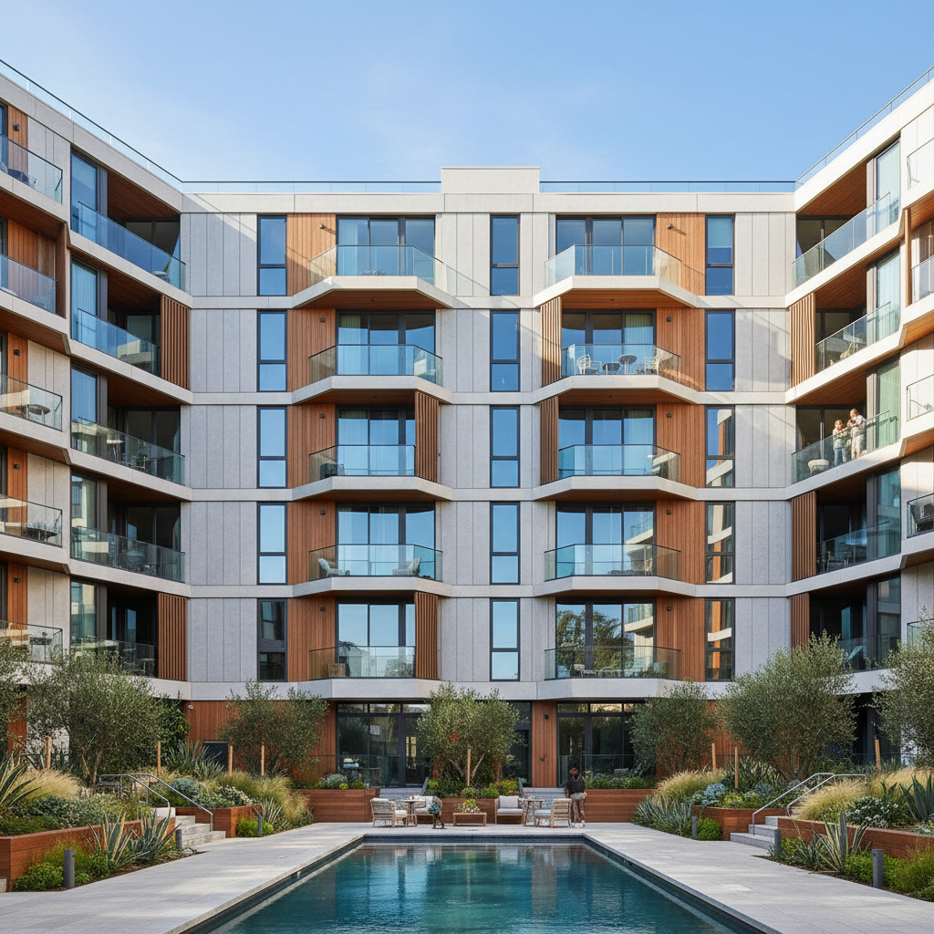 Modern multi-story residential condominium building with balconies