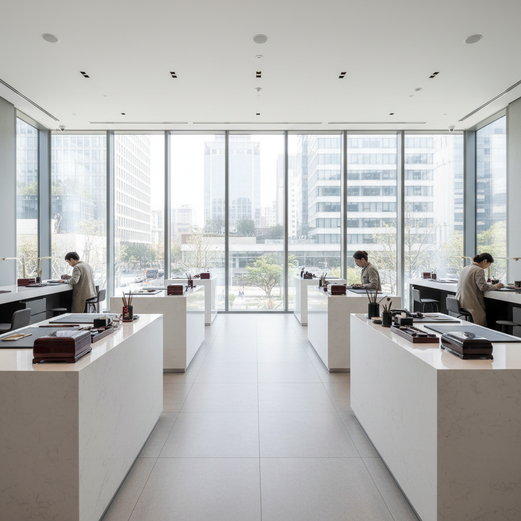 Lacquer Design District studio with floor-to-ceiling windows and white stone service stations