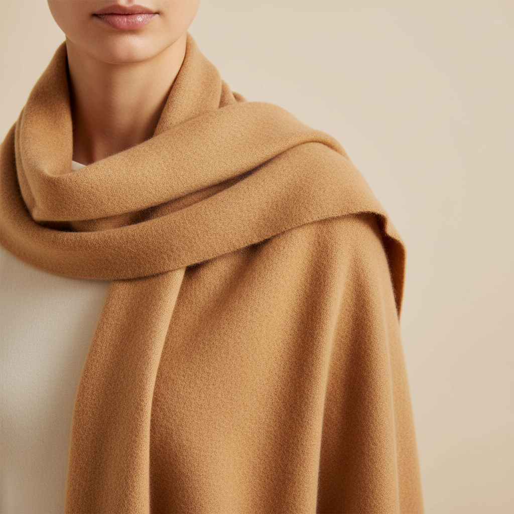 Cashmere cardigan in warm camel, luxurious texture, soft natural lighting