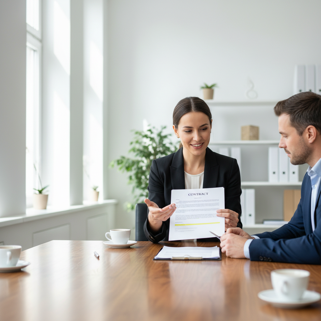 Real estate agent showing property documents to clients