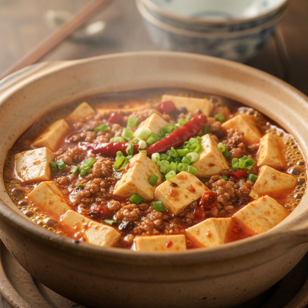 Sichuan mapo tofu in red spicy sauce in clay pot, warm dim restaurant lighting