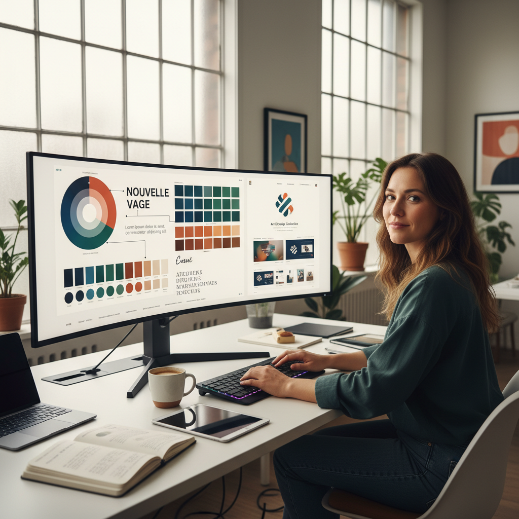 Graphic designer working on brand identity design on large monitor with colorful creative work