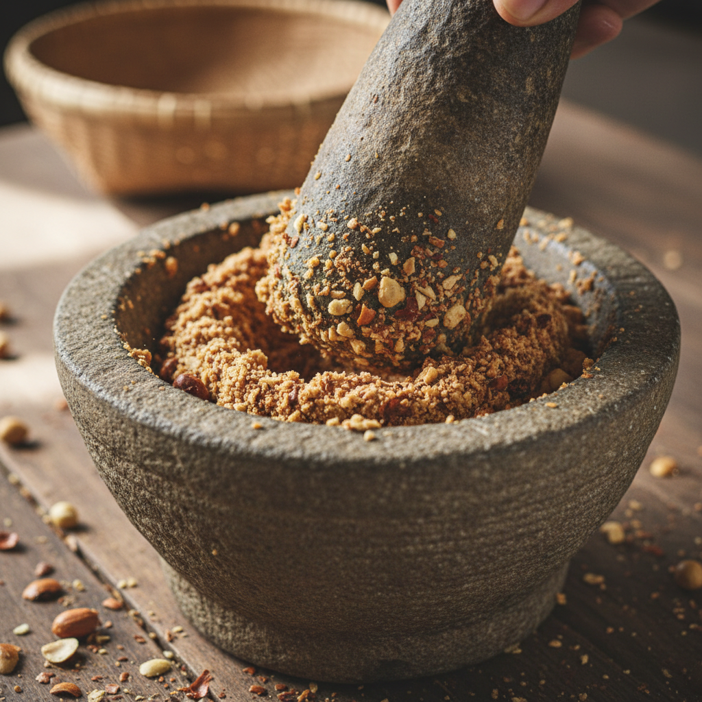 Close-up of groundnuts being ground on a stone mortar into a rough paste