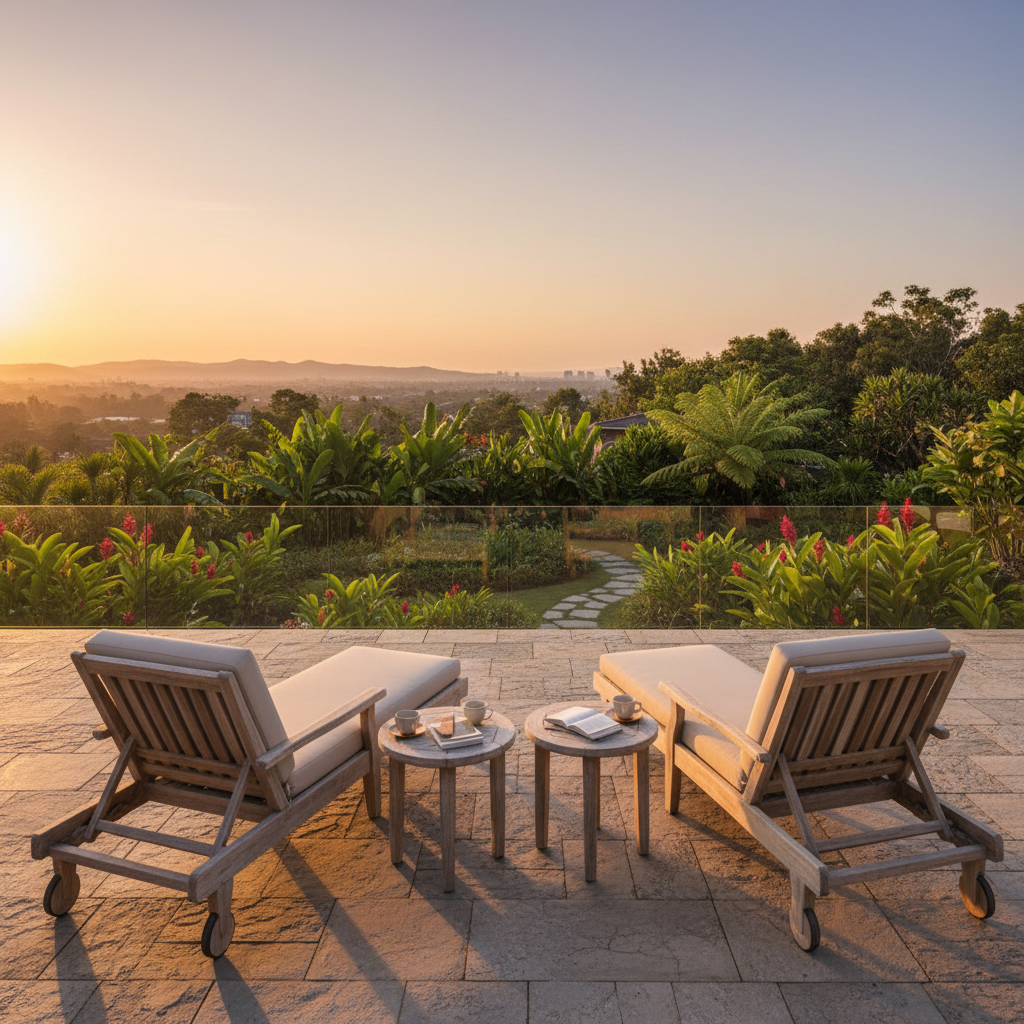 Residential terrace with teak lounge chairs and side tables overlooking a garden at golden hour