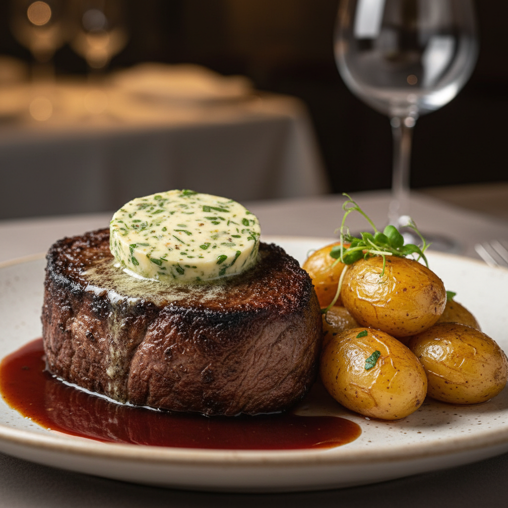 Perfectly seared beef steak with roasted vegetables and herb butter on a dark cast iron plate in warm restaurant lighting