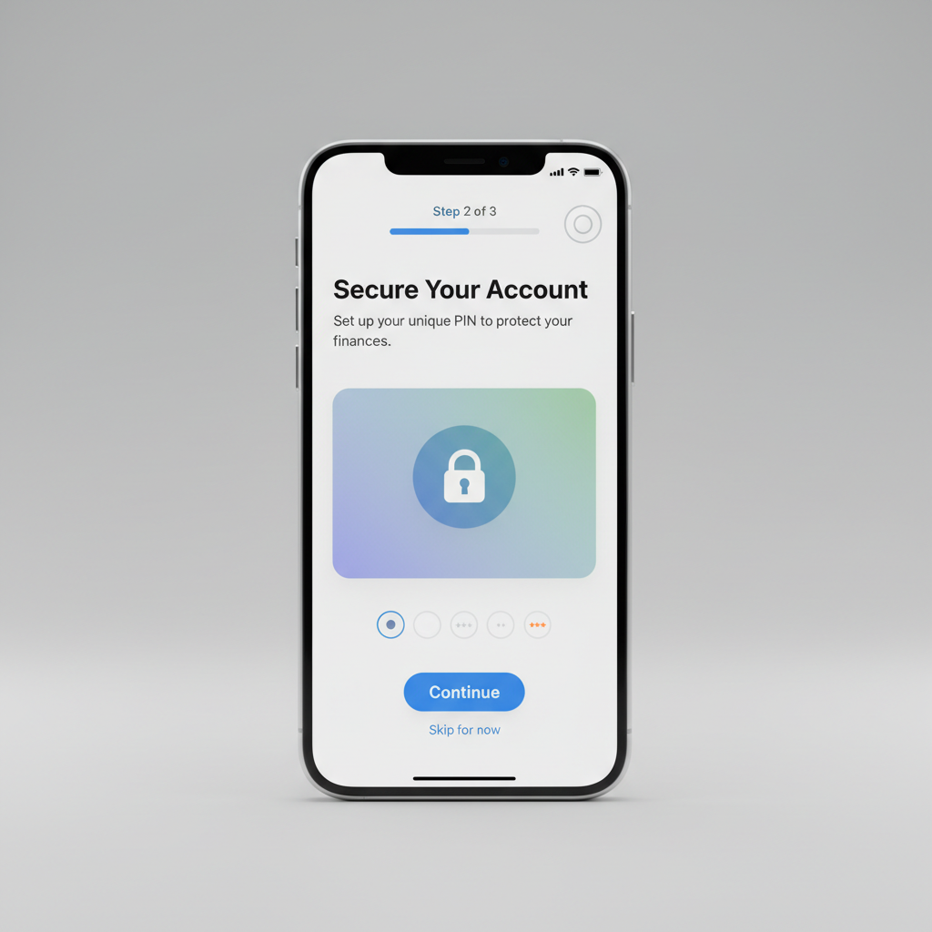 Mobile phone showing a clean, modern fintech app onboarding screen with progress indicator