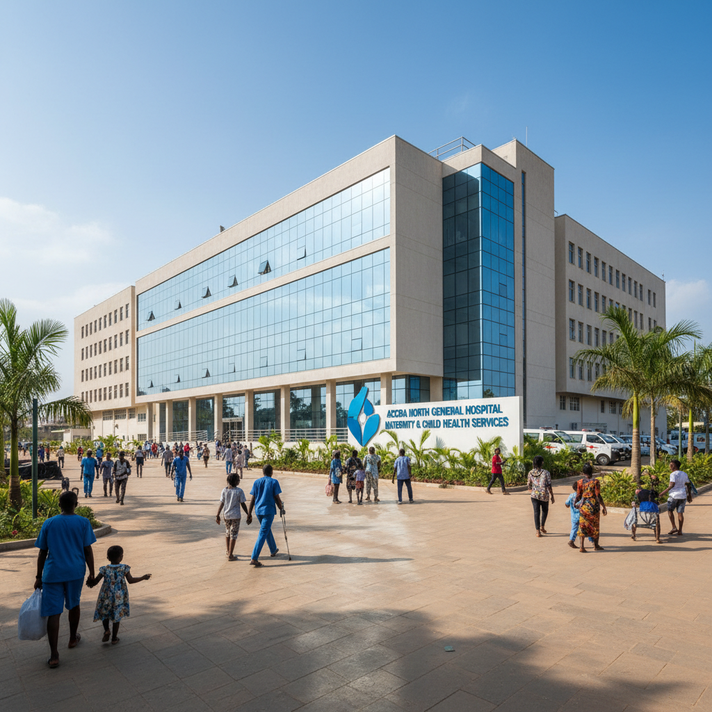 Modern hospital exterior building in daylight, clean architecture, bright sky, professional healthcare facility