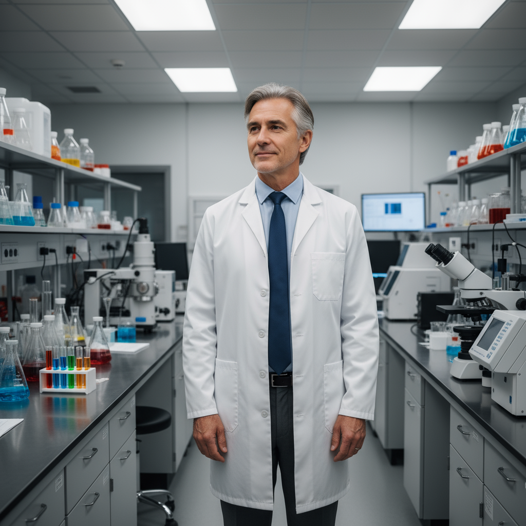 Dr. Amir Khalil, Chief Scientific Officer, in analytical chemistry laboratory with instruments