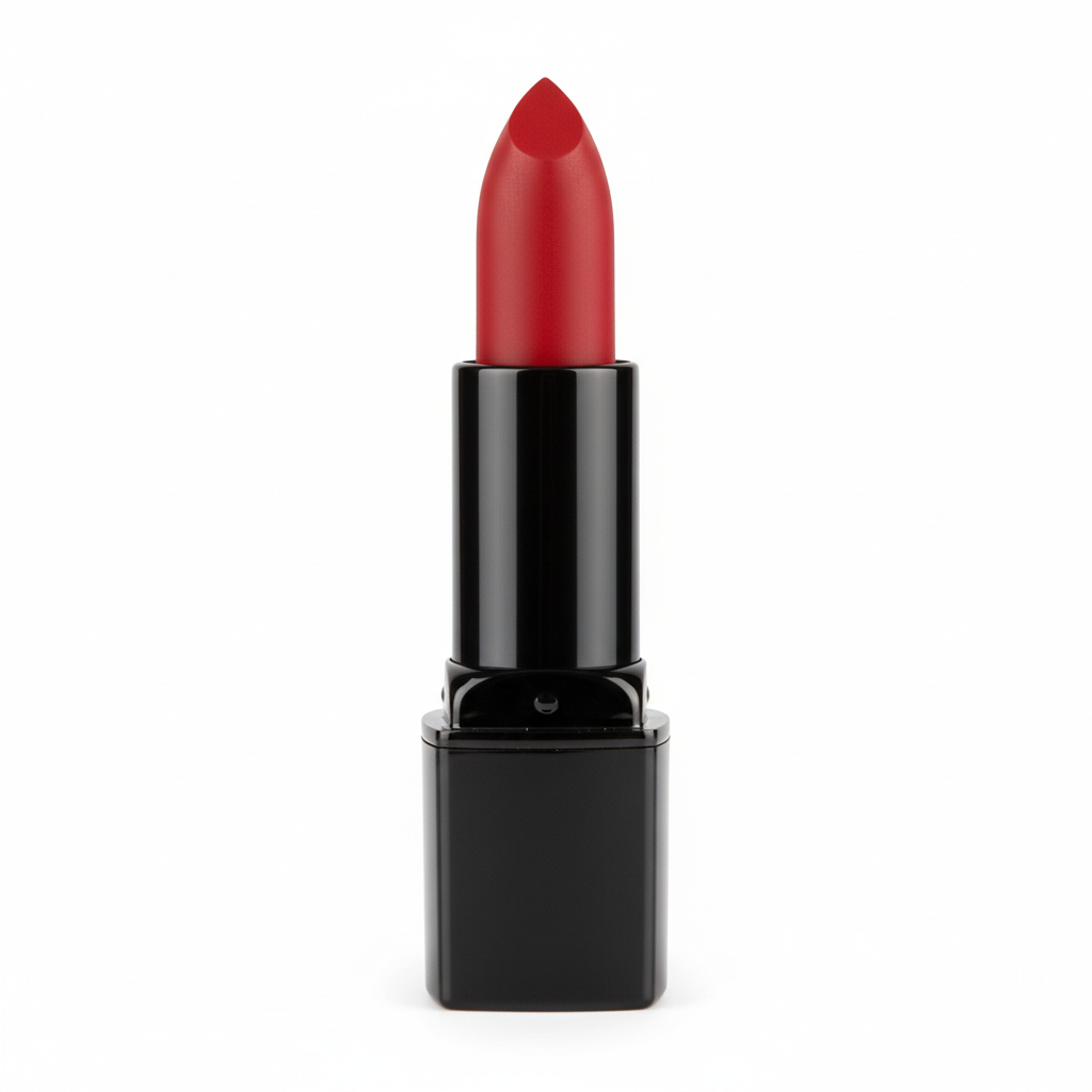 Mars Cosmetics matte lipstick bullet in deep red shade on dark background with soft studio lighting