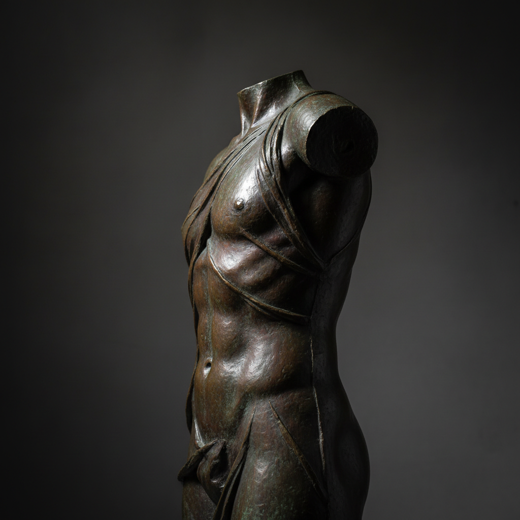 Finished bronze torso catching dramatic side light against dark studio wall