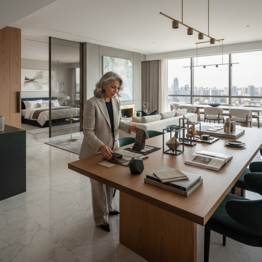 Professional interior designer in modern design studio with fabric samples