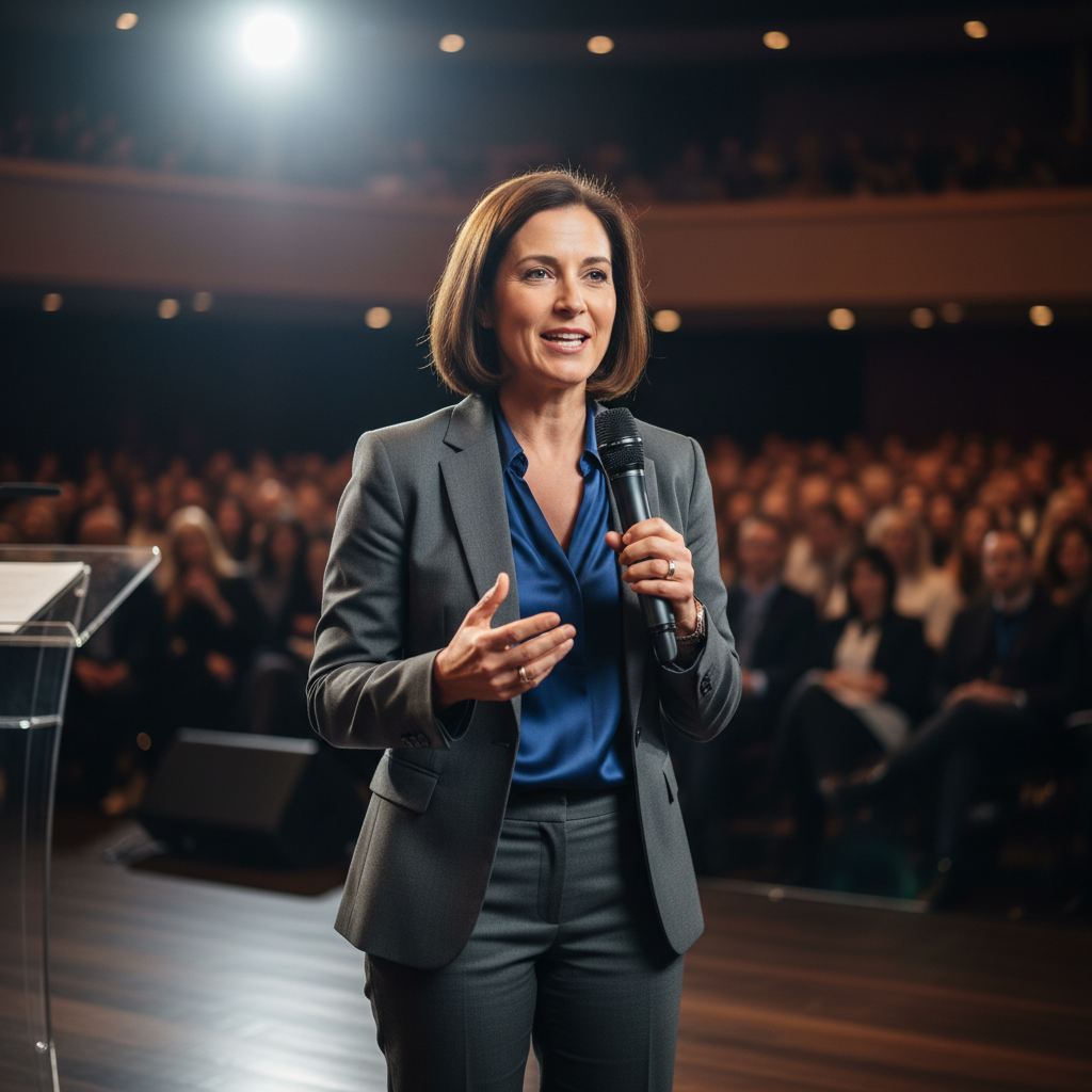 Professional speaking clearly and confidently into a microphone at a podium, poised and authoritative expression
