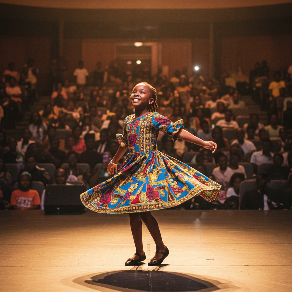 Young girl in colorful ankara dress dancing at a recital night performance with audience watching