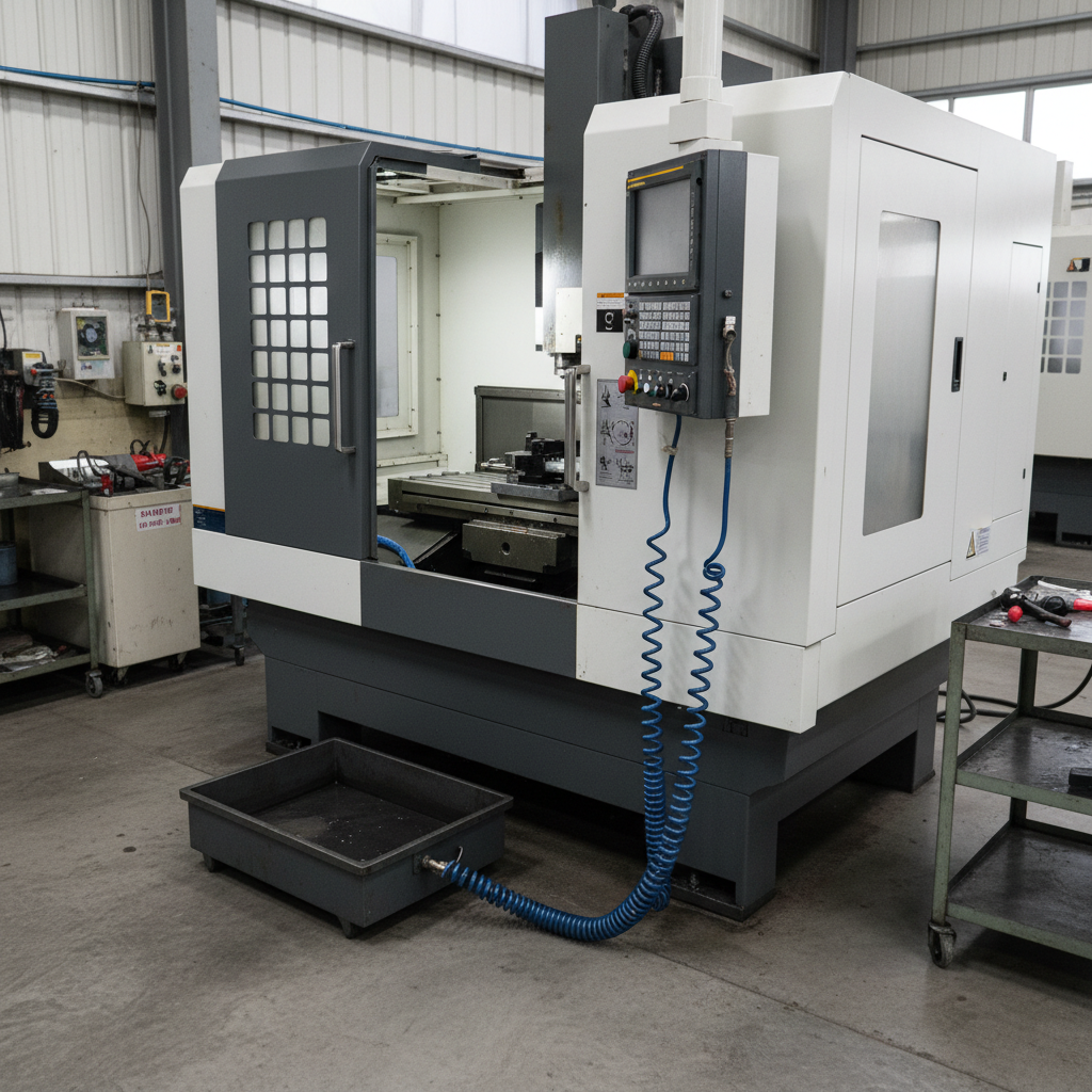 CNC machine tool workshop interior with dark metallic equipment, blue indicator lights, precision grinding machinery in shadows