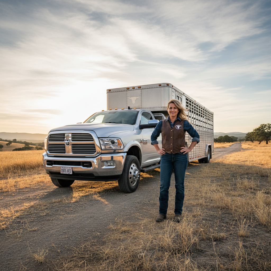 Rhonda Kirchner, owner-operator of livestock transport company, standing by her Ram 3500