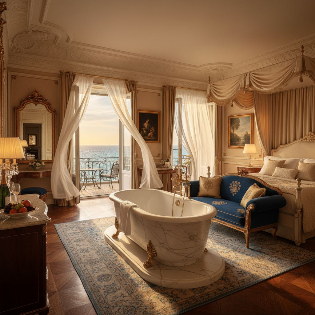 Grand Maharaja suite with hand-painted walls, antique brass fixtures, courtyard view, golden afternoon light streaming in