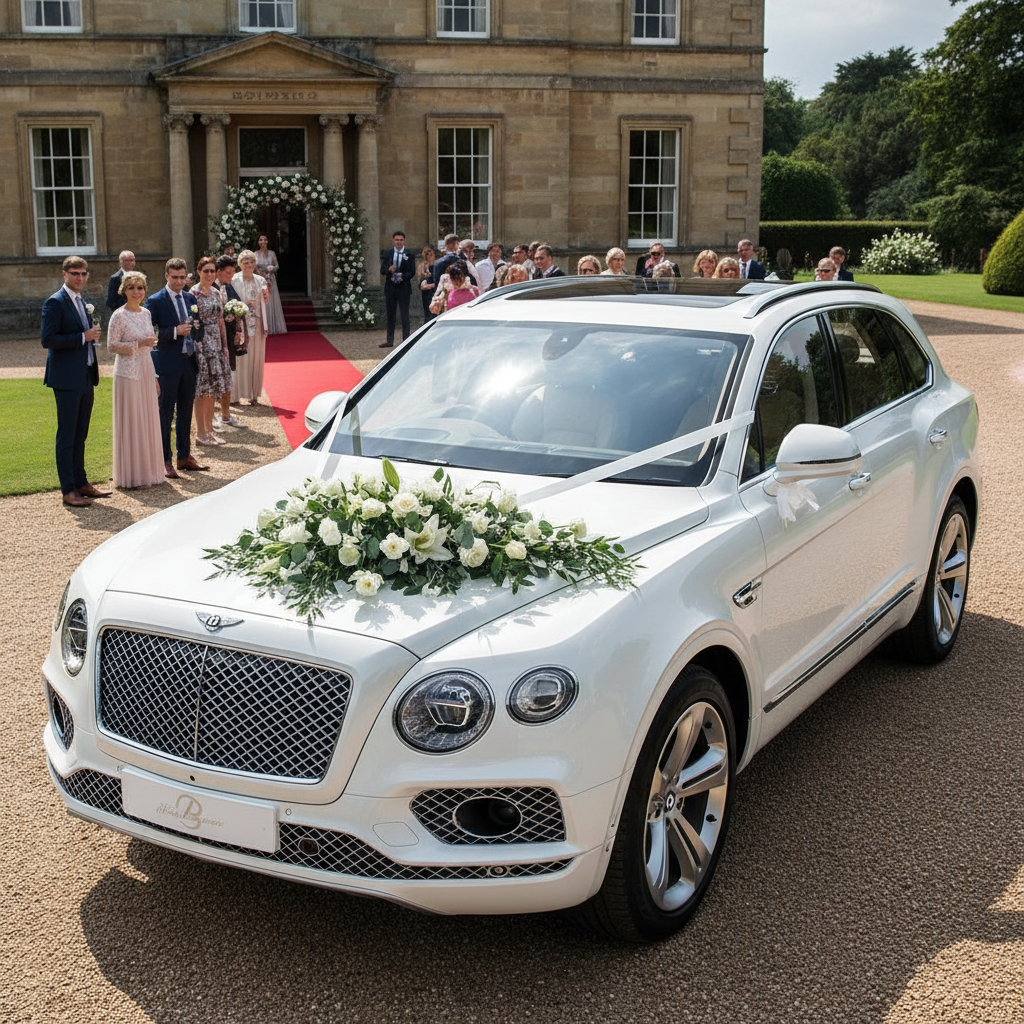 White luxury sedan car decorated with flowers for a wedding procession