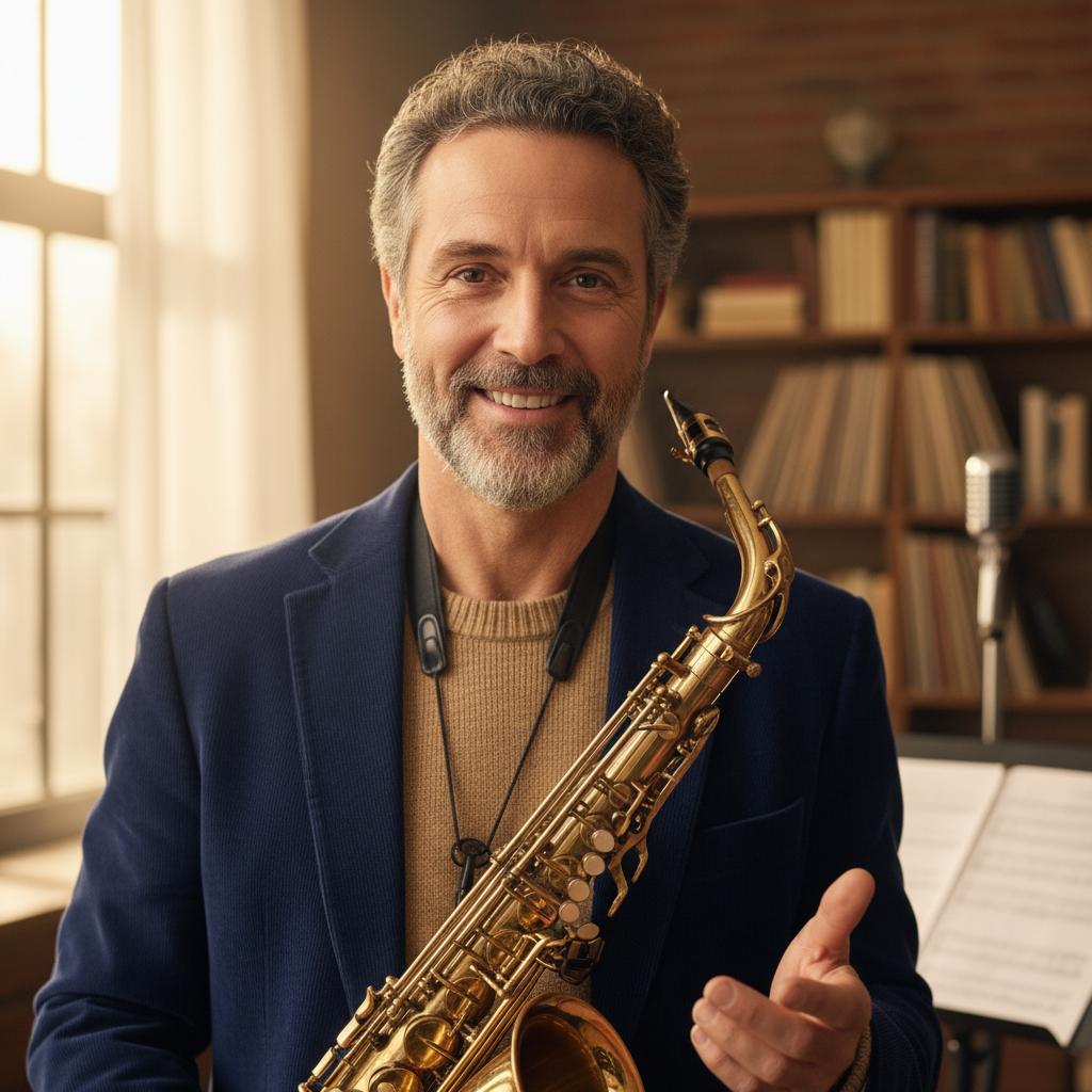 Male jazz saxophone instructor with warm expression, professional portrait